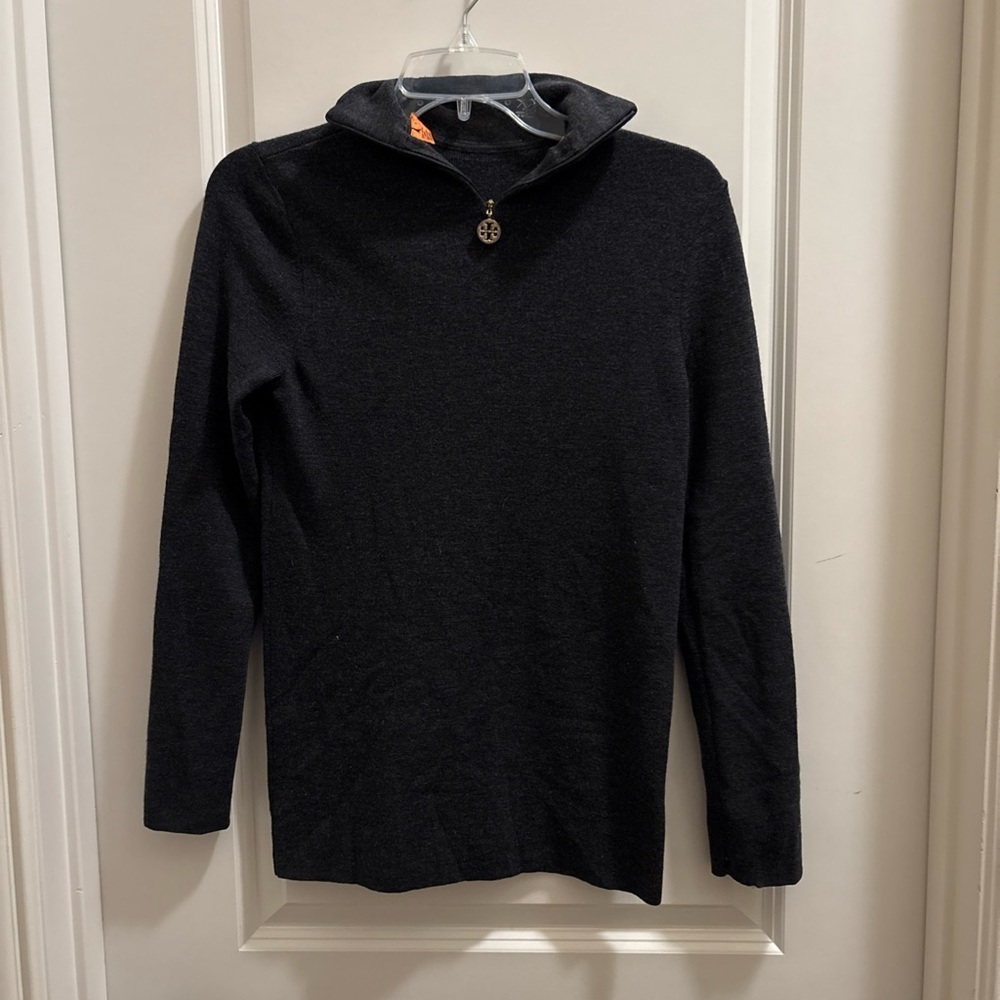 Tory Burch 100 % Wool Quarter Zip Sweater Dark Gray Preppy Classic Chic